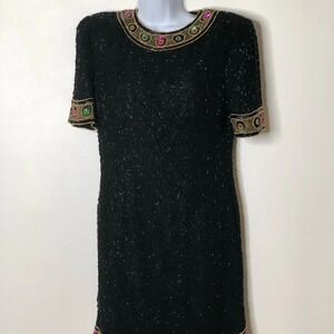 Laurence Kazar beaded silk black dress vintage